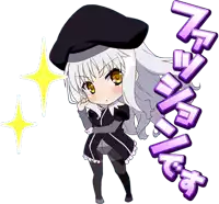 a cartoon of a girl with white hair and a black hat with the words fashion in purple letters