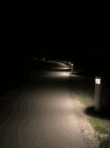 a dark road with a lot of lights on the side of it at night .