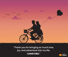 a couple riding a bike with a heart shaped balloon and a quote that says " i love you "