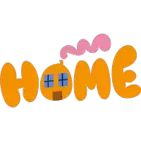 a cartoon drawing of the word home with a house in the middle