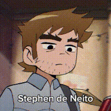 a cartoon character named stephen de neito is holding a drum