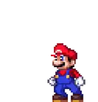 a pixel art of mario wearing overalls and a red hat .