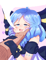 a drawing of a girl with blue hair being kissed by a hand