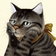 a drawing of a cat with a yellow bow around its neck