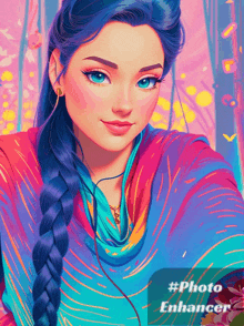 a colorful painting of a woman with braided hair and the words photo enhancer on the bottom