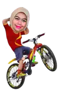 a woman wearing a hijab is riding a bicycle with a yellow rim