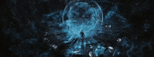 a man is standing in front of a blue sphere in the middle of a tunnel .