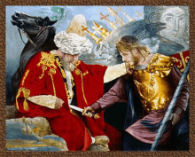 a painting of a man holding a sword and another man holding a spear