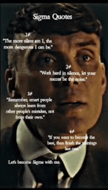 a man in a suit and tie has sigma quotes on his face