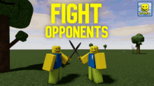 two roblox characters are holding swords in a field with the words fight opponents above them