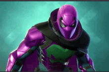 a purple superhero with a green chest is standing in front of a green background