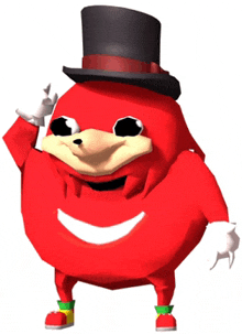 a red cartoon character wearing a top hat and giving a thumbs up