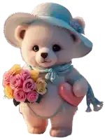 a teddy bear wearing a hat and scarf is holding a heart and roses