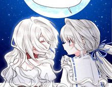 a drawing of two girls looking at each other with a moon in the background