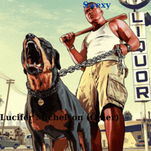 a man holding a bat and a dog on a leash in front of a liquor store