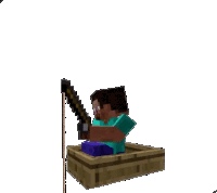 a minecraft character is sitting in a boat holding a sword and a fishing rod .