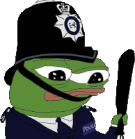 a green frog wearing a helmet and a police uniform