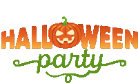 a halloween party logo with a pumpkin in the center