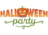 a halloween party logo with a pumpkin in the center