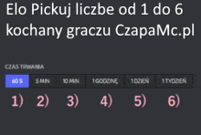 elo pickuj liczbe od 1 do 6 kochany graczu czapamc.pl