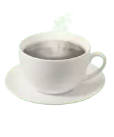 a white cup of coffee with steam coming out of it