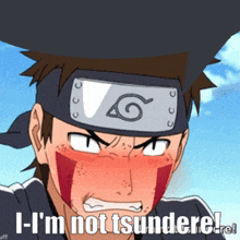 a cartoon character with a bandana on his head says i 'm not tsundere !