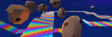 a video game scene with a rainbow colored track and asteroids