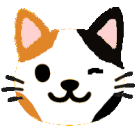 a drawing of a calico cat 's face with a pink ear