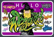 a wizard with a snake around his neck is surrounded by graffiti including the word wizard