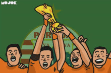 a group of soccer players are holding up a trophy in the air .