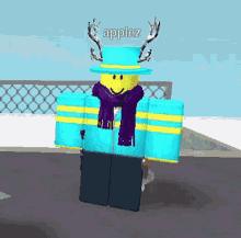 a roblox character with antlers and the name applez on his hat