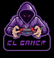 a person in a purple hoodie is holding a video game controller with the words el gamer below them