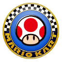 a mario kart logo with a mushroom in the middle of it