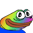 a pixel art of a rainbow frog with big eyes and a blue shirt on .