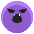 a purple circle with a vampire face and teeth in it .