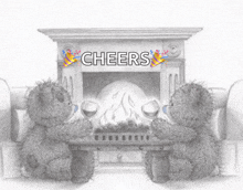 a drawing of two teddy bears sitting in front of a fireplace with the word cheers above them