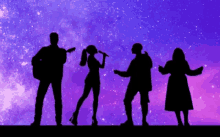 silhouettes of people singing and playing instruments with a purple background