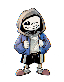 a cartoon of a skeleton wearing a hoodie and shorts