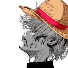 a drawing of a man wearing a straw hat