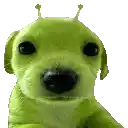 a green stuffed dog with antennas on its head is laying down and looking at the camera .