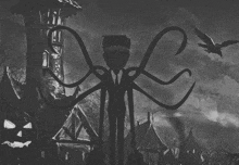 a black and white drawing of a monster with long tentacles standing in front of a house