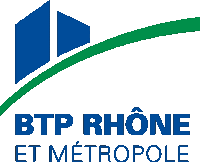 a logo for btp rhone et metropole with a blue and green design