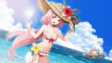 a girl wearing a bikini and a straw hat is on a beach with the word king raid on the bottom