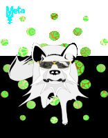 a drawing of a dog wearing sunglasses with the word meta on the bottom right