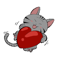 a gray cat is holding a red heart in its paws .