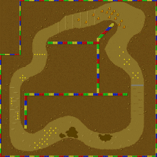 a map of a dirt track with a rainbow of colored blocks