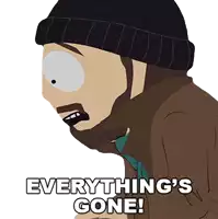 a cartoon of a man with the words " everything 's gone " below him