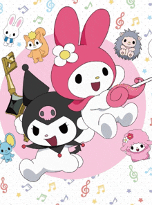 a pink bunny with a flower on her head is surrounded by other characters