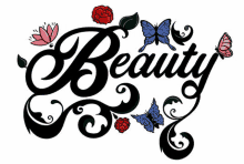 the word beauty is surrounded by butterflies and roses .