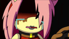 a cartoon character with pink hair is crying with her tongue out